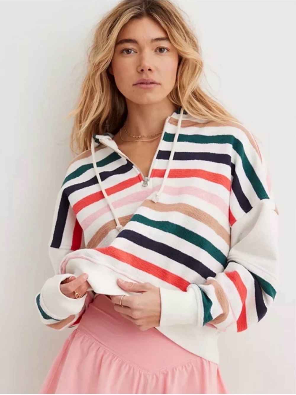 Aerie Striped Half-Zip Hoodie in Multi Color